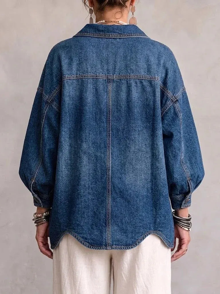 Women's Lapel Oversized Shirt Jacket, Large Decorative Button Lantern Sleeve Casual Shacket