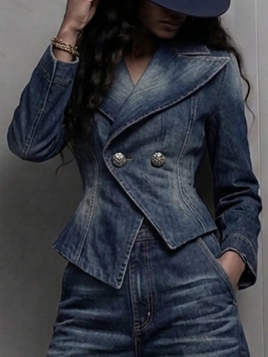 Stylish washed denim double-breasted pleated blazer + jeans suit
