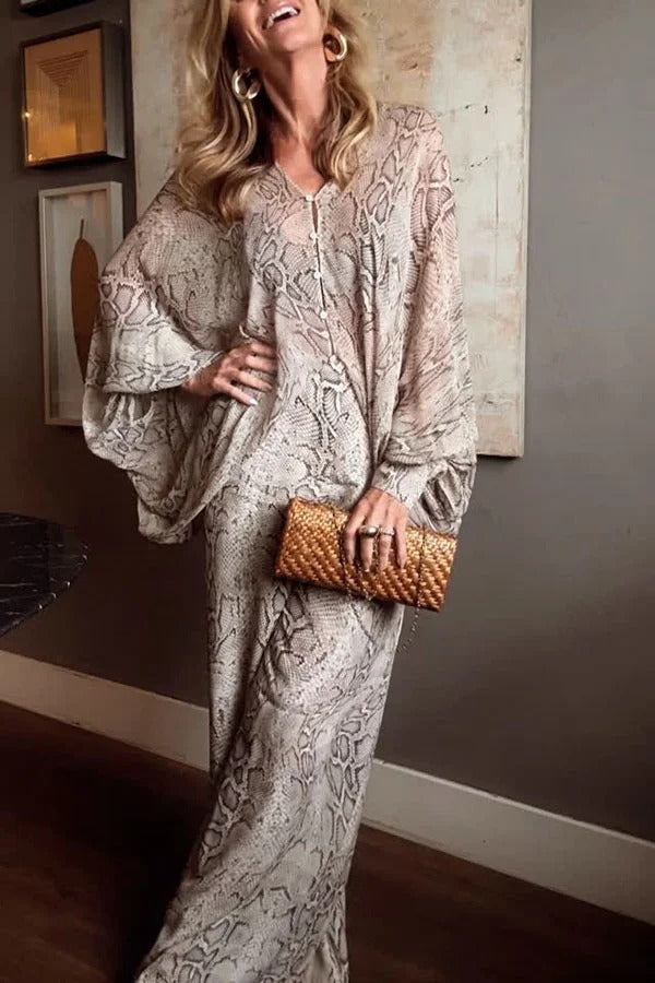 Iselle Animal Print Button Up Batwing Sleeve Shirt and Elastic Waist Wide Leg Pants Set