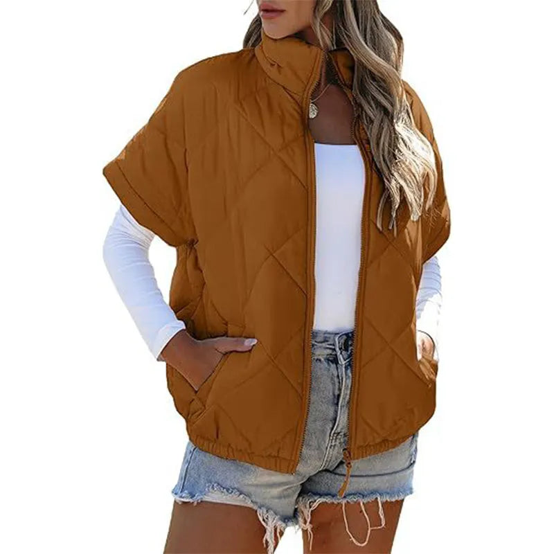 Women's Stand Collar Zip Up Short Sleeve Quilted Vest Jacket