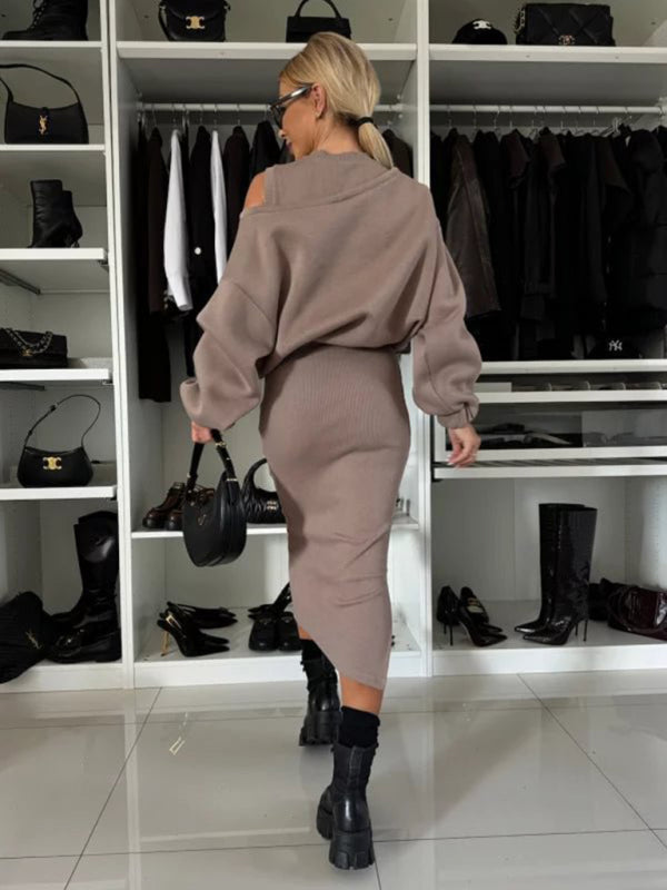 Loose-Fitting Bat Sleeve Short Sweater Vest Long Skirt Suit