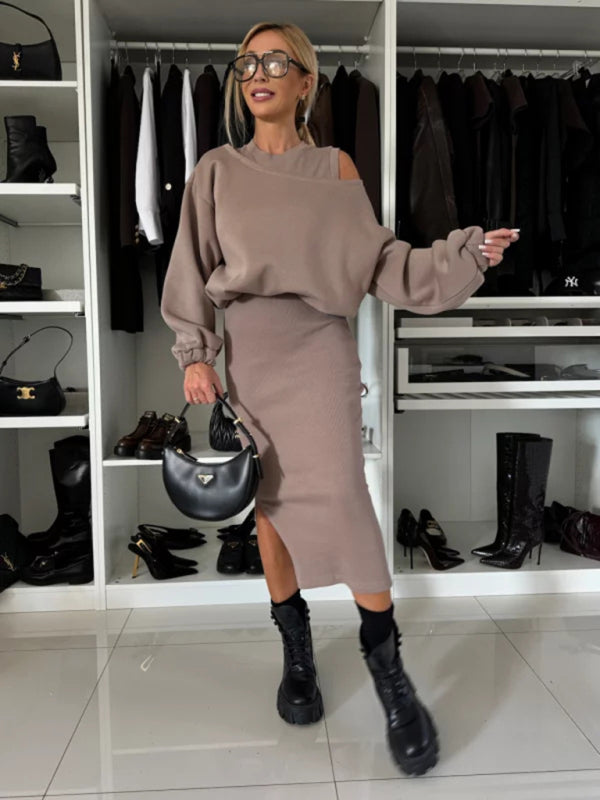 Loose-Fitting Bat Sleeve Short Sweater Vest Long Skirt Suit