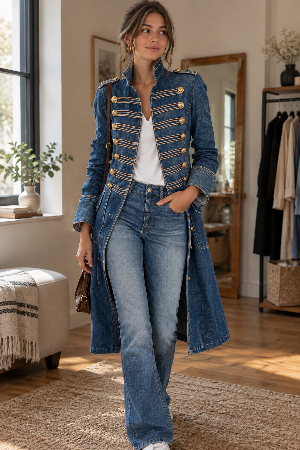 Women's Stand Collar Long Denim Coat, Double Breasted Gold Button Decor Military Style Trench Jacket